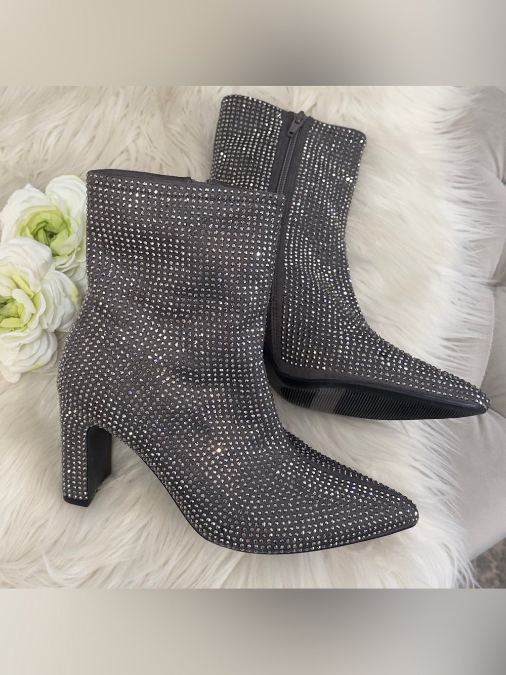 Gray Rhinestone Low Shaft Heeled Sparkle Bootie Boots Sz 7.5 NEW!